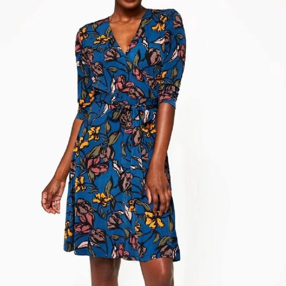 Leota Perfect Wrap Dress in Tulips Poseidon Blue and Brown Floral Dress 2X - Picture 1 of 7